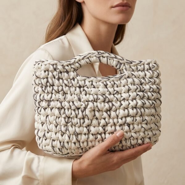 Grand sac crochet fait main Azura Moonlight en yarn t-shirt crème et fil argenté, Cocon Doux Crochet.